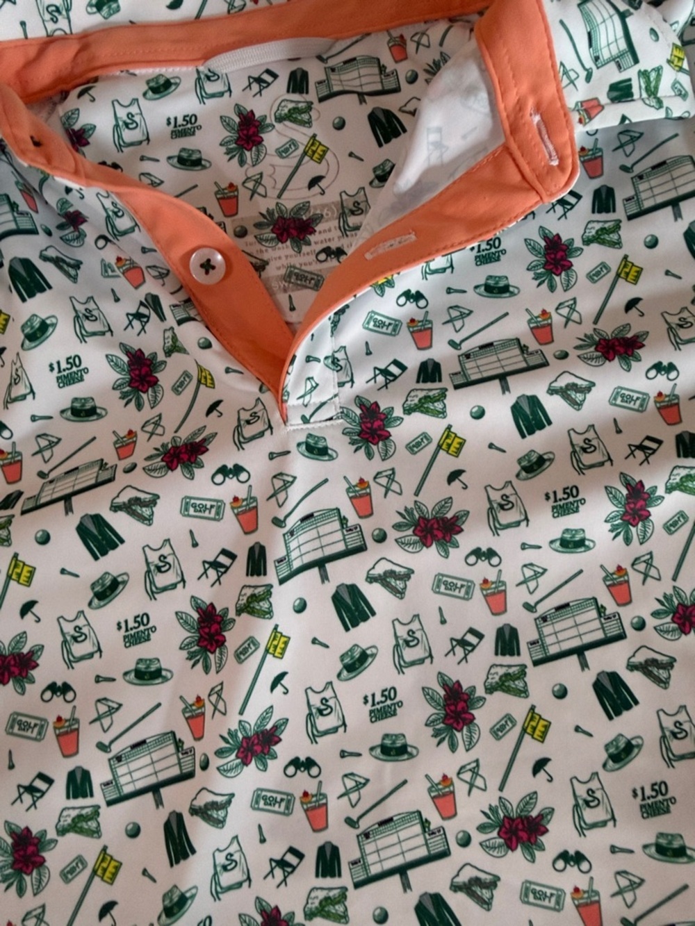 Kids White Masters Print Golf Shirt with Orange Trim Masters Design - Picture 2 of 2